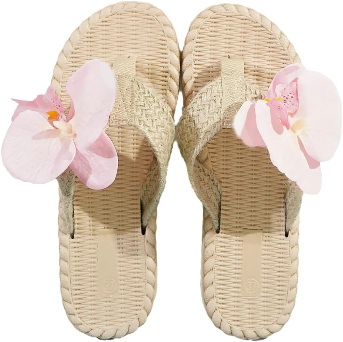 Women's Cute Woven Open Toe Slide Sandals with Delicate Pink Flower Decoration - Perfect for Casual and Vacation Wear