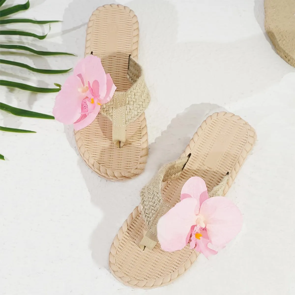 Women's Cute Woven Open Toe Slide Sandals with Delicate Pink Flower Decoration - Perfect for Casual and Vacation Wear