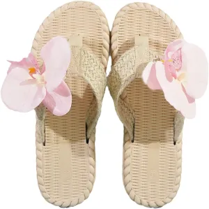 Women's Cute Woven Open Toe Slide Sandals with Delicate Pink Flower Decoration - Perfect for Casual and Vacation Wear