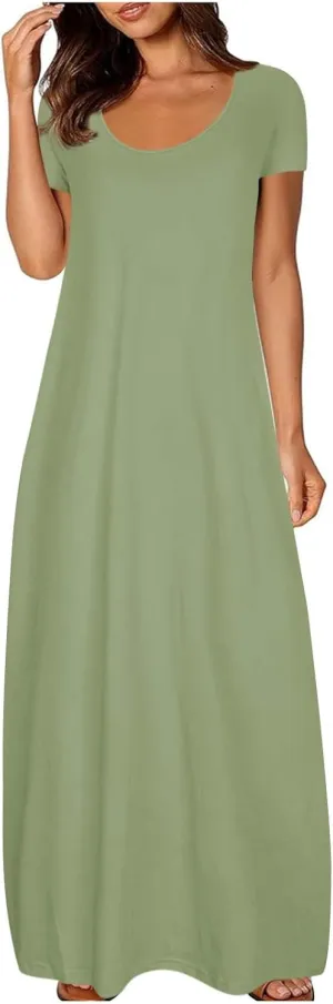 Womens Dress 2024 Fashion Casual Crewneck Solid Flowy Swing Long Tunic Top Dress with Pocket Short Sleeve Maxi Dress