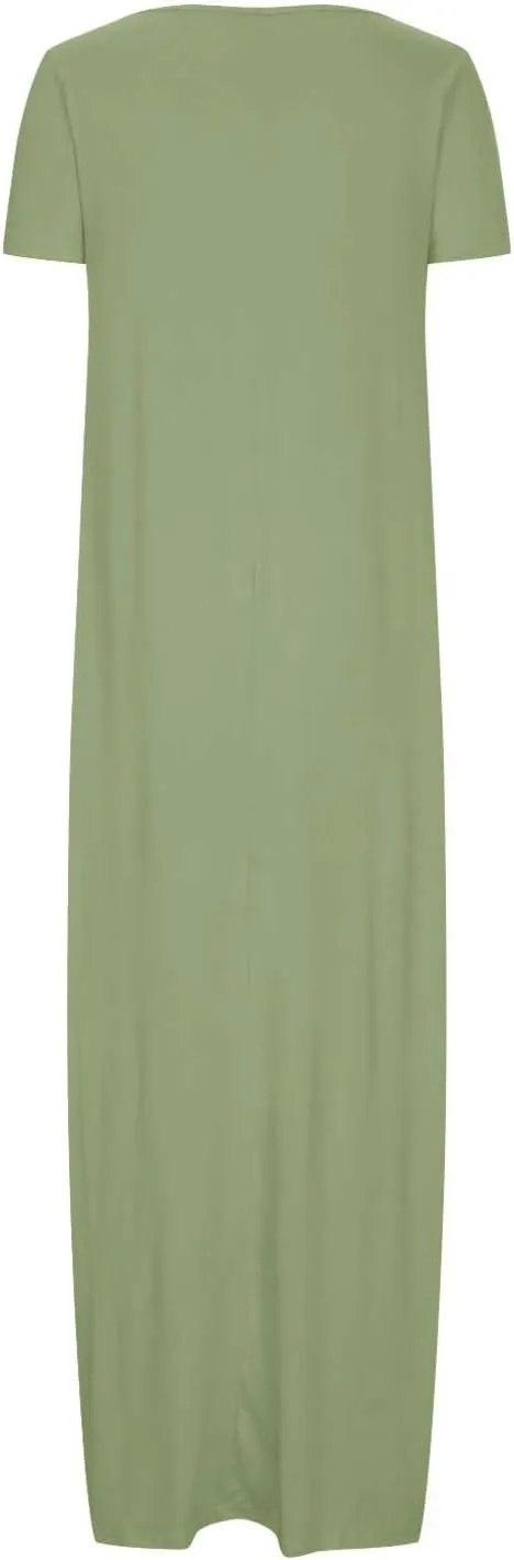 Womens Dress 2024 Fashion Casual Crewneck Solid Flowy Swing Long Tunic Top Dress with Pocket Short Sleeve Maxi Dress