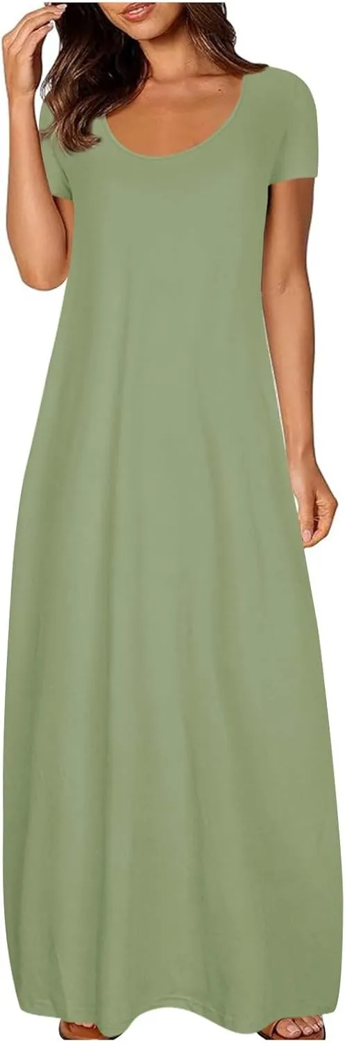 Womens Dress 2024 Fashion Casual Crewneck Solid Flowy Swing Long Tunic Top Dress with Pocket Short Sleeve Maxi Dress