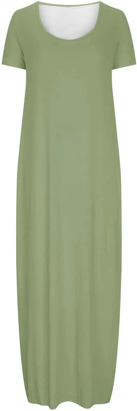Womens Dress 2024 Fashion Casual Crewneck Solid Flowy Swing Long Tunic Top Dress with Pocket Short Sleeve Maxi Dress