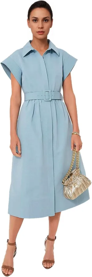 Women's Elegant Midi Shirt Dress Button Down Collared Trench Coat Business Dresses with Belt