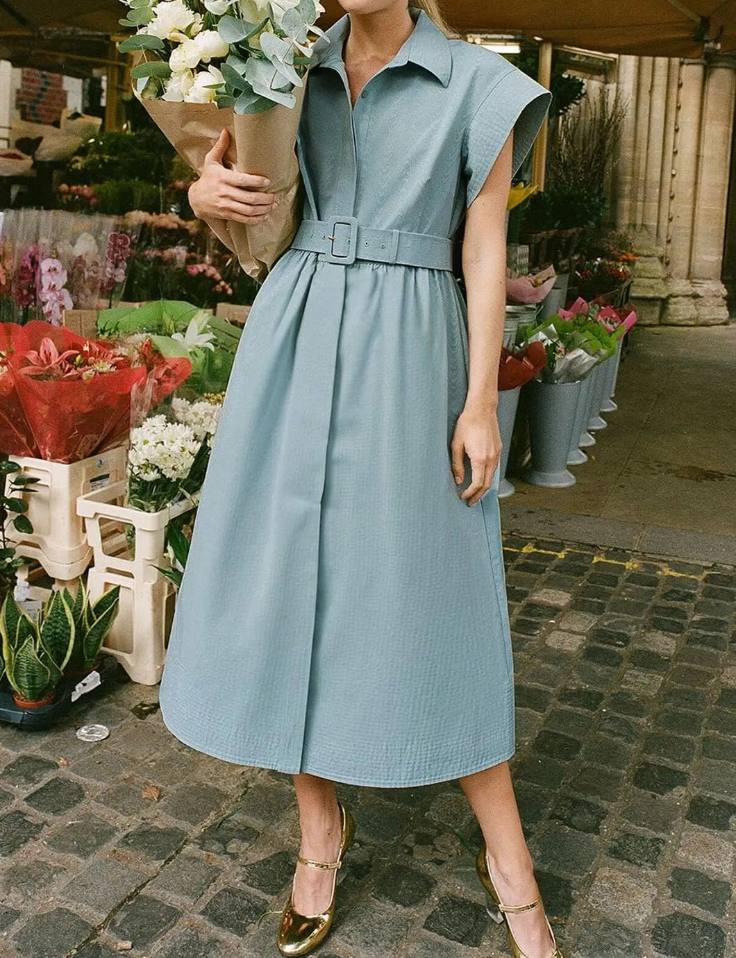 Women's Elegant Midi Shirt Dress Button Down Collared Trench Coat Business Dresses with Belt