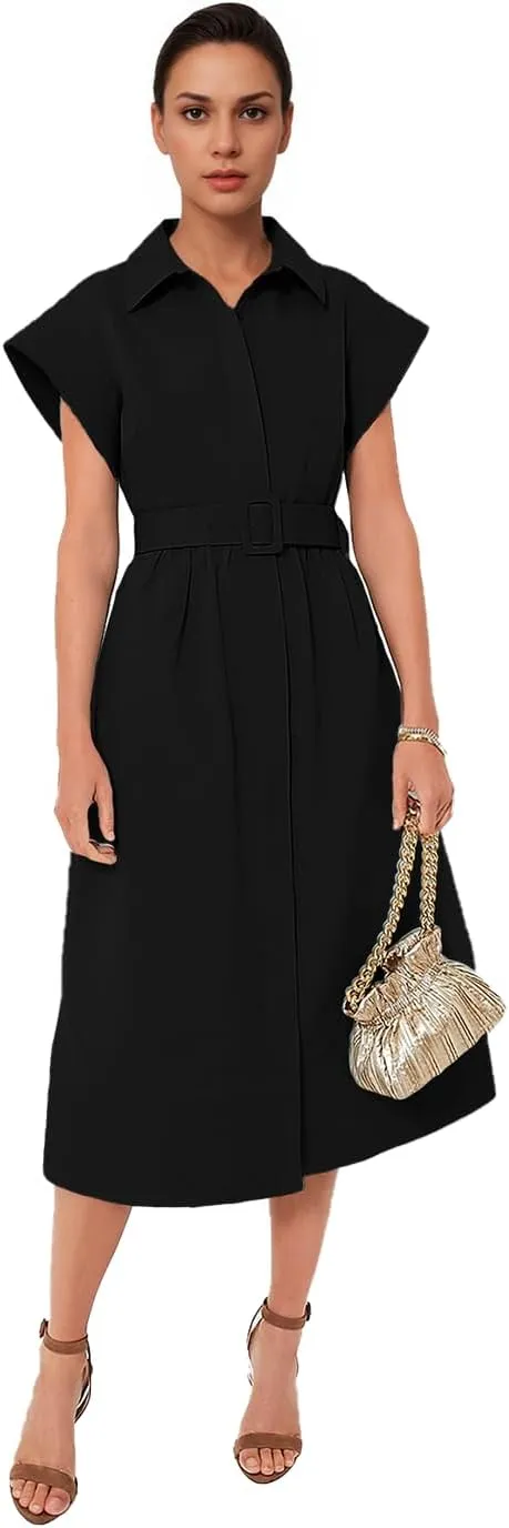 Women's Elegant Midi Shirt Dress Button Down Collared Trench Coat Business Dresses with Belt