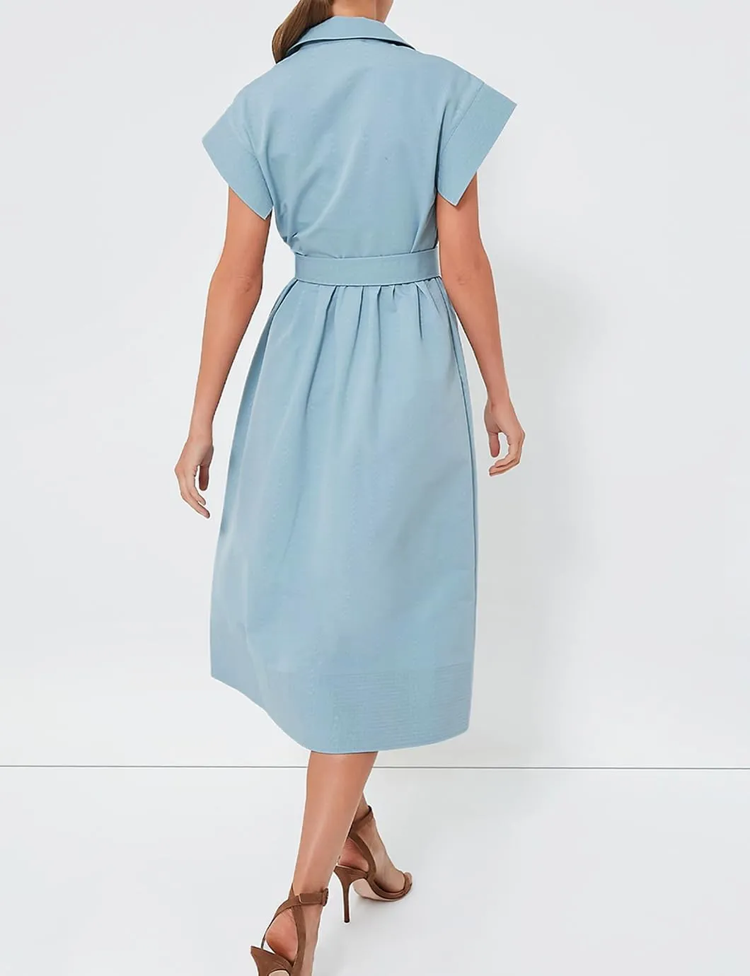 Women's Elegant Midi Shirt Dress Button Down Collared Trench Coat Business Dresses with Belt
