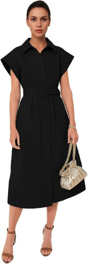 Women's Elegant Midi Shirt Dress Button Down Collared Trench Coat Business Dresses with Belt