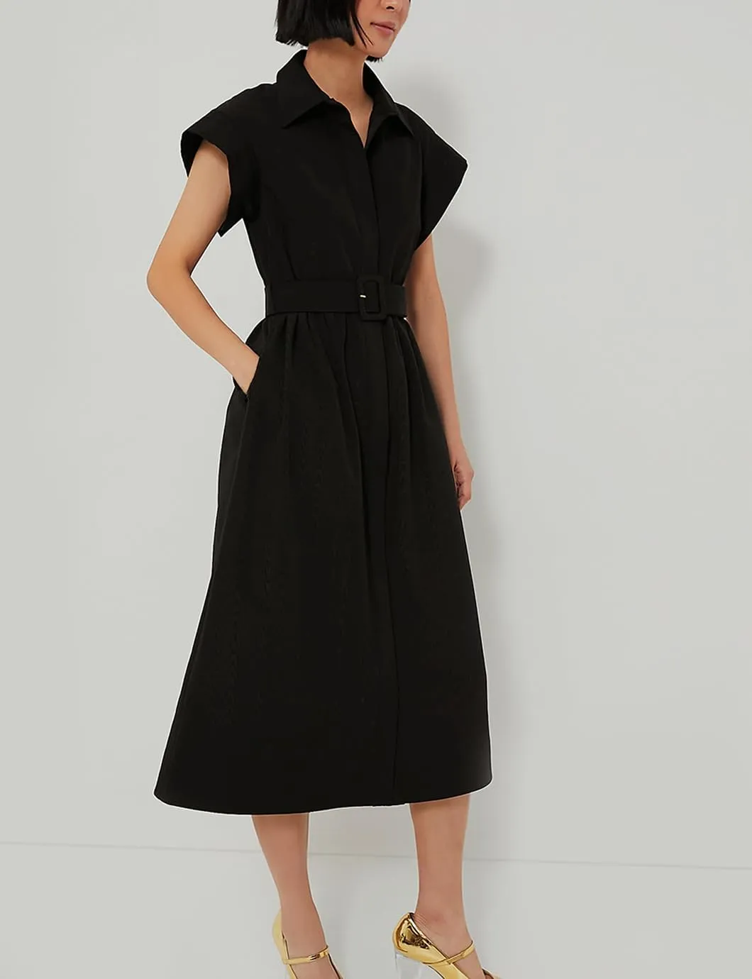 Women's Elegant Midi Shirt Dress Button Down Collared Trench Coat Business Dresses with Belt