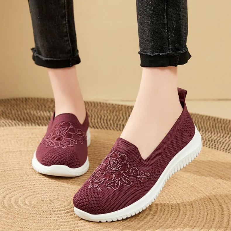 Women's Embroidered Flower Shoes Womens Round Toe Slip On Loafers Comfortable Dress Flats Shoes Round Toe