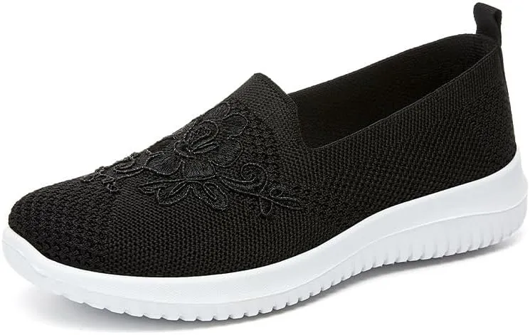 Women's Embroidered Flower Shoes Womens Round Toe Slip On Loafers Comfortable Dress Flats Shoes Round Toe
