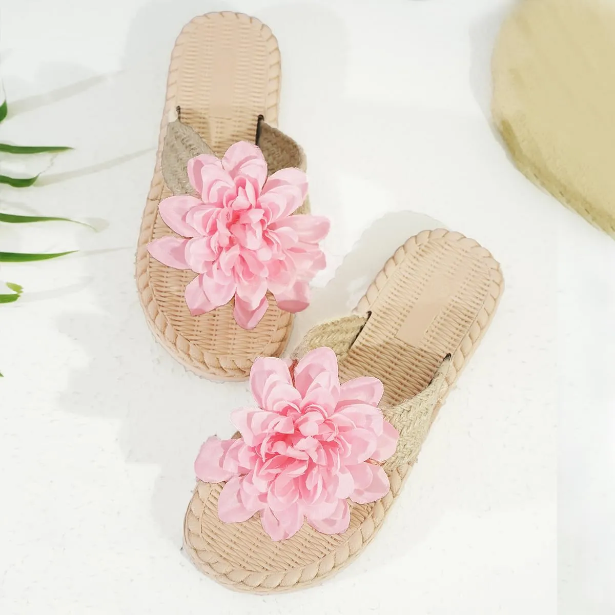 Women's Fancy Floral Slide Sandals, Slip On Summer Slippers with Large Light Pink Flower Decor - Suit for Casual and Vacation Wear