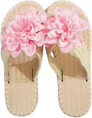 Women's Fancy Floral Slide Sandals, Slip On Summer Slippers with Large Light Pink Flower Decor - Suit for Casual and Vacation Wear