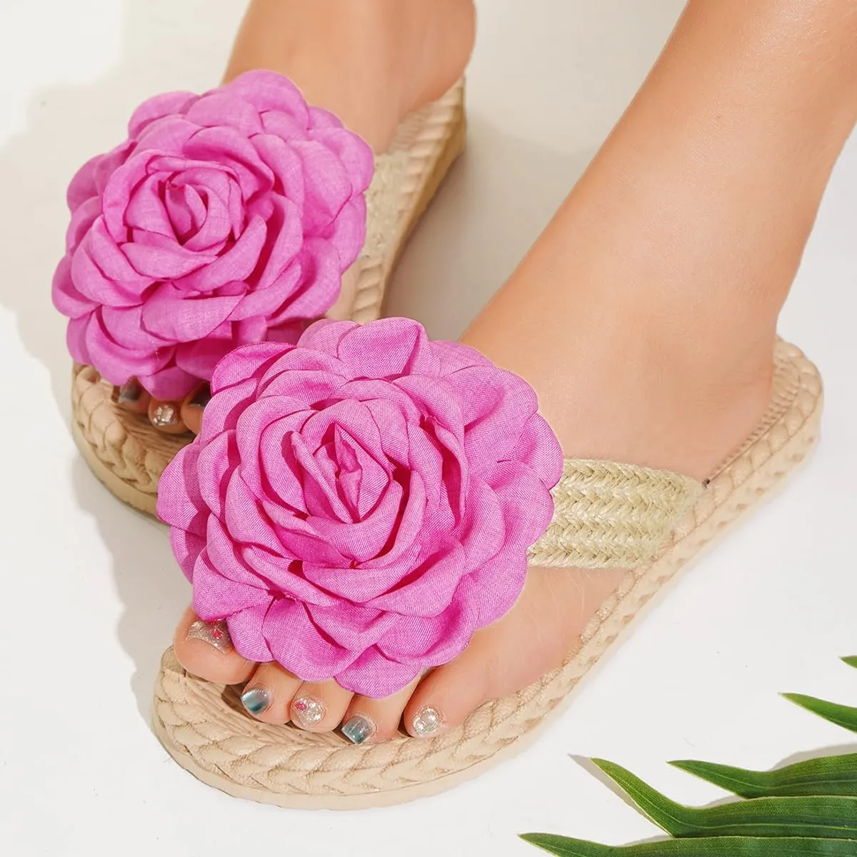 Women's Fancy Floral Slide Sandals, Slip On Summer Slippers with Large Pink Rose Decoration - Ideal for Casual and Vacation Wear