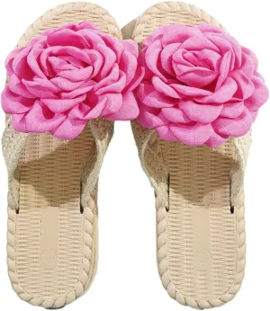 Women's Fancy Floral Slide Sandals, Slip On Summer Slippers with Large Pink Rose Decoration - Ideal for Casual and Vacation Wear