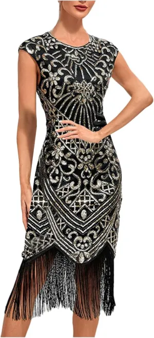 Women's Flapper Dresses 1920s Beaded Fringed Great Gatsby Dress Sequin Sparkly Sleeveless Club Night Prom Party Dress