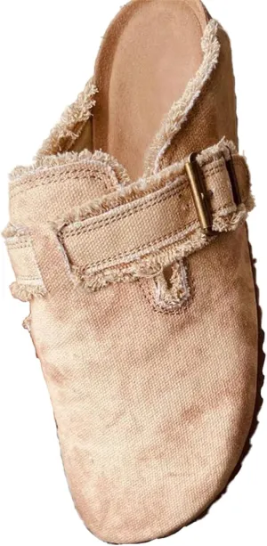 Women’s Flat Mule Shoes Comfy Clogs Suede Slip on Backless Slipper Summer Classic Round Toe Adjustable Buckle with Arch Support Anti Slip Sandals Unisex for Home Office