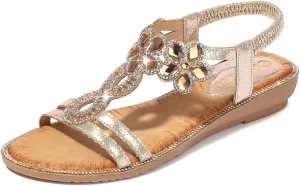 Women's Flat Sandals Summer Beach Sandal T-Strap Rhinestone Beaded Bohemia Shoes