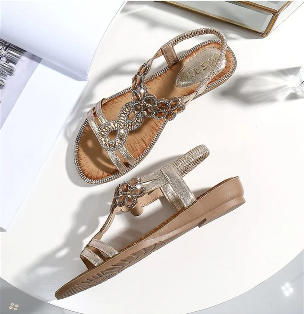 Women's Flat Sandals Summer Beach Sandal T-Strap Rhinestone Beaded Bohemia Shoes