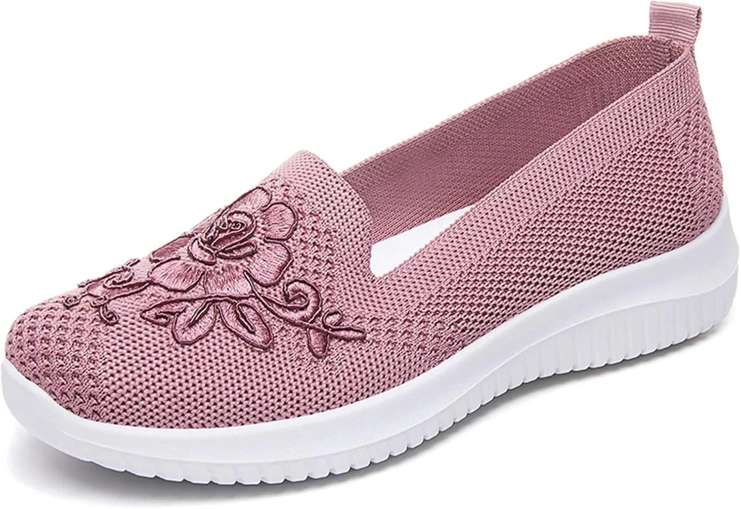 Women's Floral Embroidery Slip-On Knitted Loafers Breathable Mesh Comfortable Non-Slip Flat Walking Shoes Soft Sole Casual Sneakers Shoes