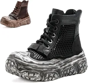 Women's Genuine Leather High Top Platform Sandals Fashion Hollow Mesh Closed Toe Lace Up Back Zipper Ankle Boots Lightweight Comfort Foam Rubber Sole Casual Sandals Booties