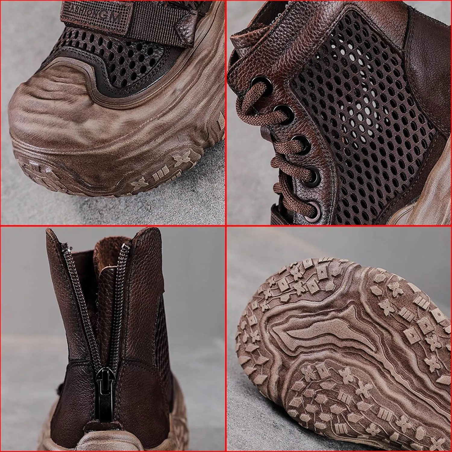 Women's Genuine Leather High Top Platform Sandals Fashion Hollow Mesh Closed Toe Lace Up Back Zipper Ankle Boots Lightweight Comfort Foam Rubber Sole Casual Sandals Booties