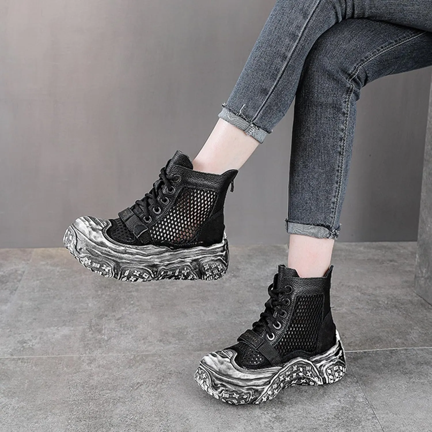Women's Genuine Leather High Top Platform Sandals Fashion Hollow Mesh Closed Toe Lace Up Back Zipper Ankle Boots Lightweight Comfort Foam Rubber Sole Casual Sandals Booties