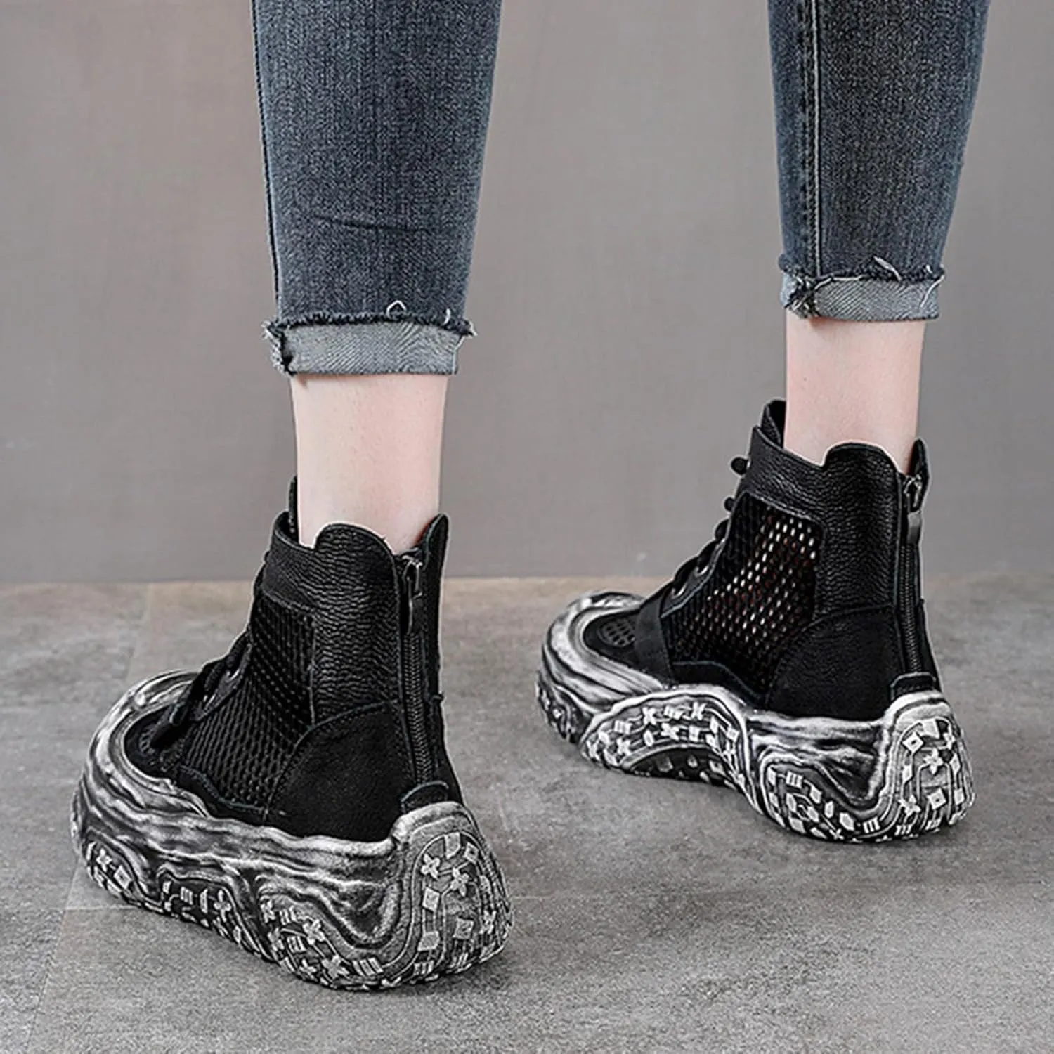 Women's Genuine Leather High Top Platform Sandals Fashion Hollow Mesh Closed Toe Lace Up Back Zipper Ankle Boots Lightweight Comfort Foam Rubber Sole Casual Sandals Booties