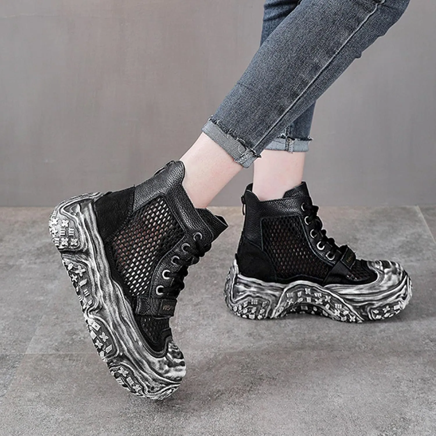 Women's Genuine Leather High Top Platform Sandals Fashion Hollow Mesh Closed Toe Lace Up Back Zipper Ankle Boots Lightweight Comfort Foam Rubber Sole Casual Sandals Booties