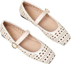 Women's Geometric Cut-Out Mary Jane Flats - Gold-Tone Metal Buckle & Breathable Vegan Leather | Everyday Elegance with Cushioned Sole