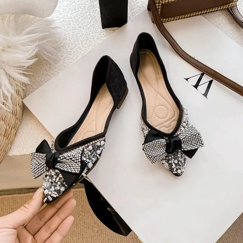 Women's Glitter Rhinestone Wedding Flats Winter Fur Dress Shoes Pointed Toe Ballet Flats
