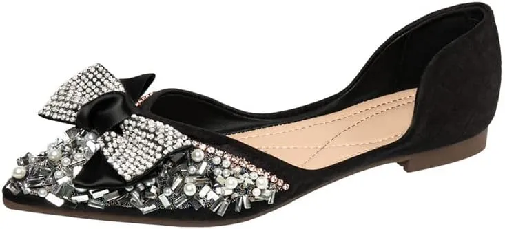 Women's Glitter Rhinestone Wedding Flats Winter Fur Dress Shoes Pointed Toe Ballet Flats