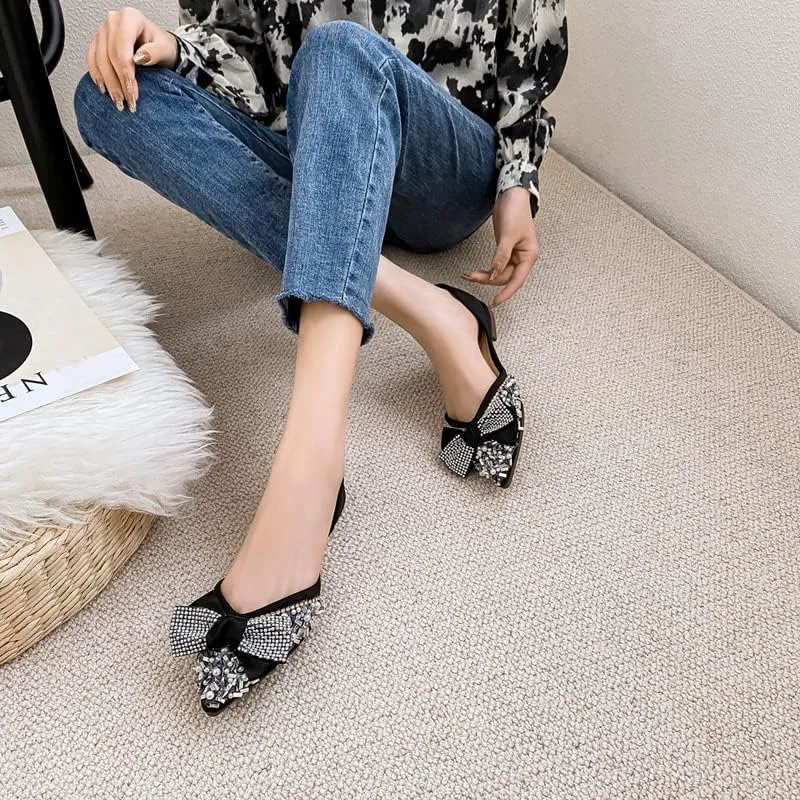 Women's Glitter Rhinestone Wedding Flats Winter Fur Dress Shoes Pointed Toe Ballet Flats