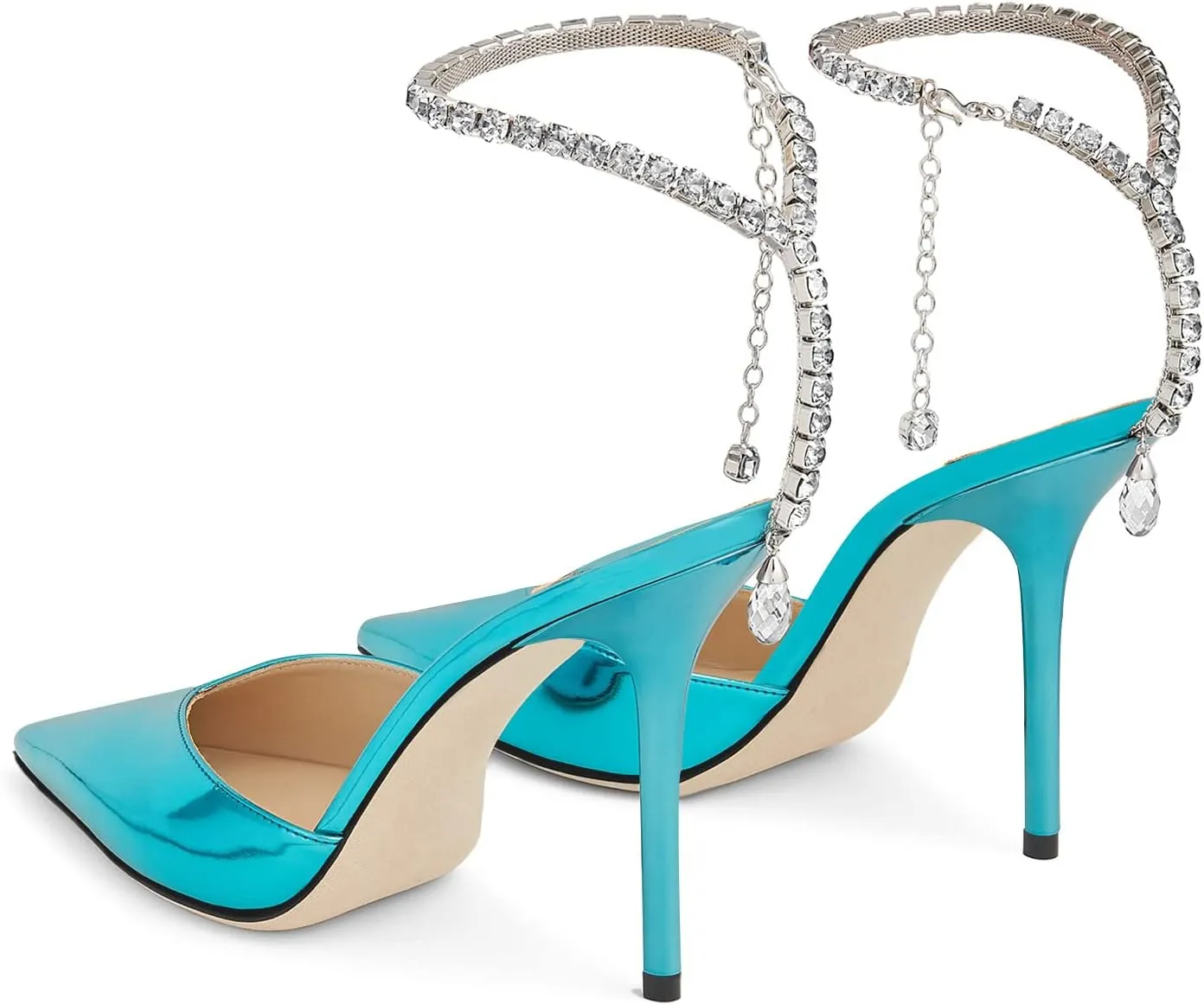 Women's Heeled Sandals Crystal Chain Rhinestone Embellished Strap Pumps Pointy Stilettos Backless Wedding Dressy Bridal Shoes