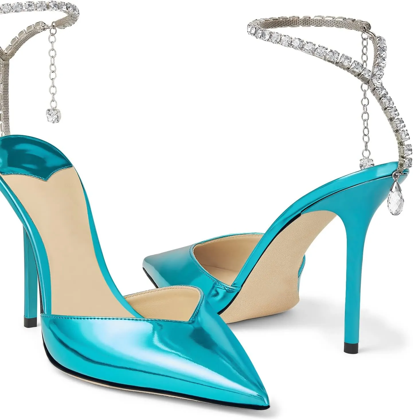 Women's Heeled Sandals Crystal Chain Rhinestone Embellished Strap Pumps Pointy Stilettos Backless Wedding Dressy Bridal Shoes