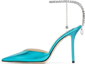 Women's Heeled Sandals Crystal Chain Rhinestone Embellished Strap Pumps Pointy Stilettos Backless Wedding Dressy Bridal Shoes