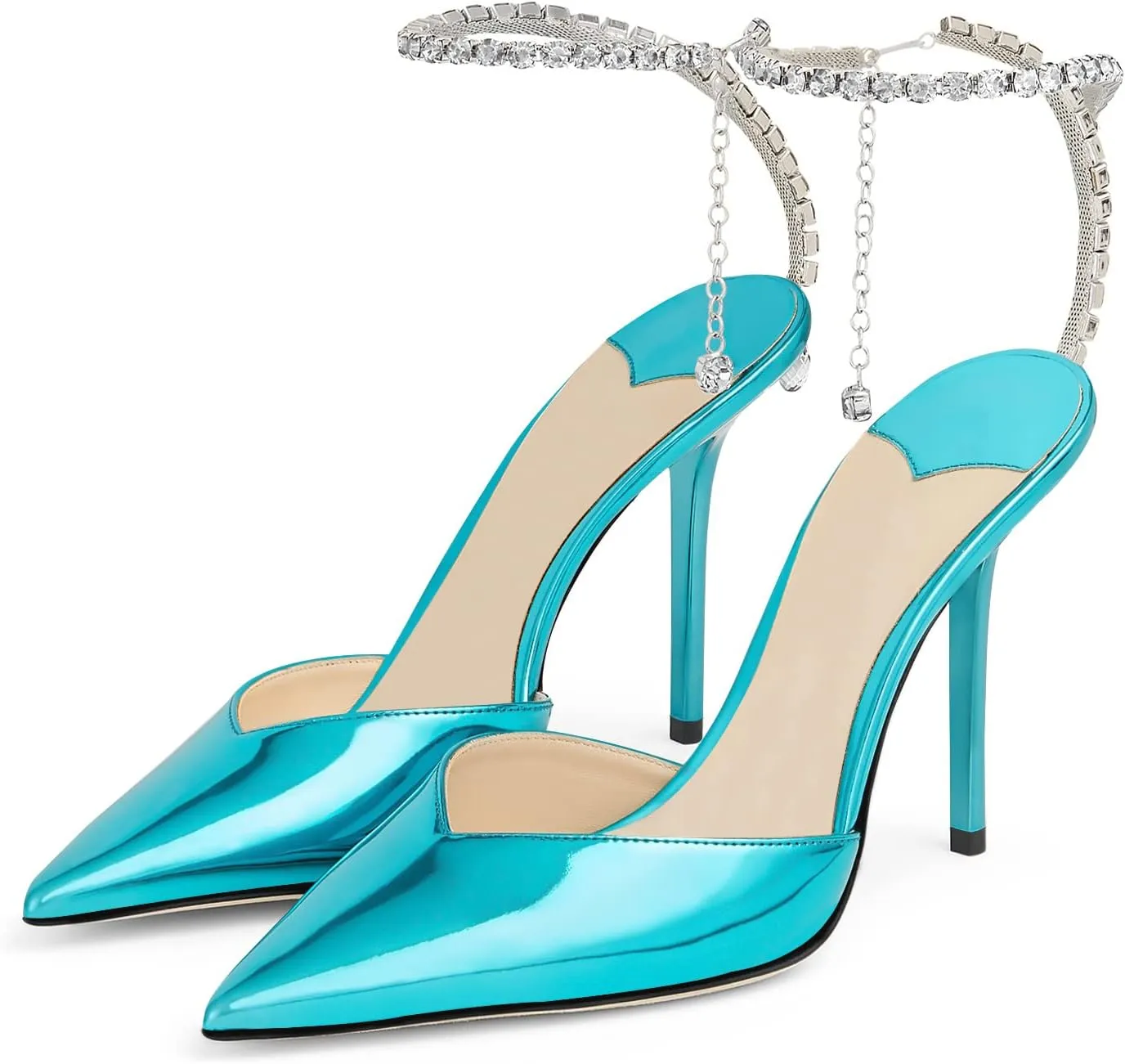 Women's Heeled Sandals Crystal Chain Rhinestone Embellished Strap Pumps Pointy Stilettos Backless Wedding Dressy Bridal Shoes