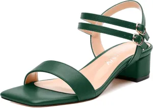 Women's Heeled Sandals, Open Square Toe Chunky Heels, Ankle Strap with Buckle Fashion Solid Color Casual Sandals for Daily Wear