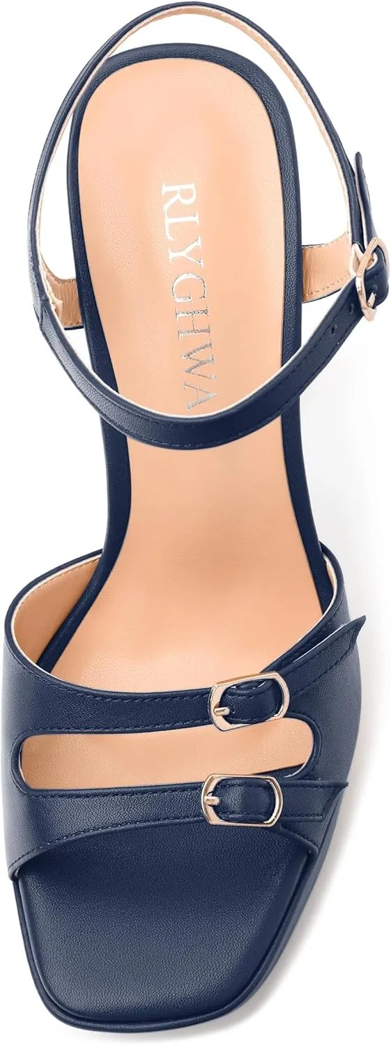 Women's High Heel Platform Sandals - Open Square Toe Block Heels, Adjustable Ankle Strap Buckle, Chic Solid Color Dress Shoes for Weddings, Parties, Daily Wear