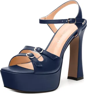 Women's High Heel Platform Sandals - Open Square Toe Block Heels, Adjustable Ankle Strap Buckle, Chic Solid Color Dress Shoes for Weddings, Parties, Daily Wear
