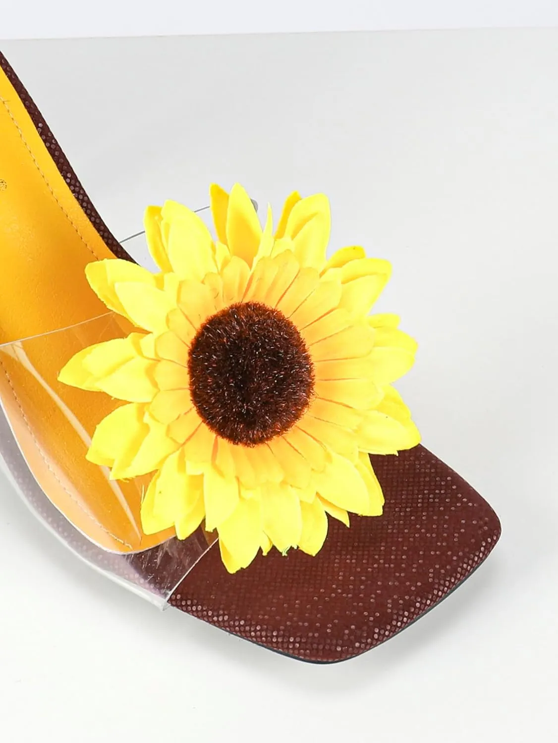 Women's High Heel Sandals – Sunflower Embellished Dress Sandals with Transparent PVC Straps, Fashionable Square-Toe Party Heels for Spring & Summer Events