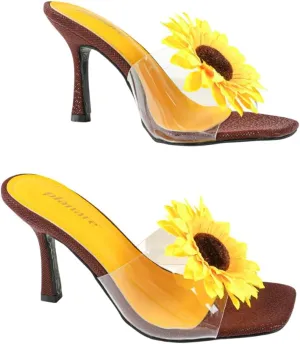 Women's High Heel Sandals – Sunflower Embellished Dress Sandals with Transparent PVC Straps, Fashionable Square-Toe Party Heels for Spring & Summer Events