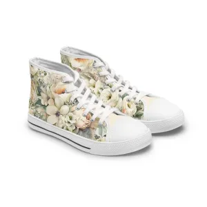Women's High Top Sneakers, Floral Print Shoes, Bridal Sneakers, Off White Canvas Hi-Tops, Cottagecore, Fairycore, Romantic Flowery Print (10)