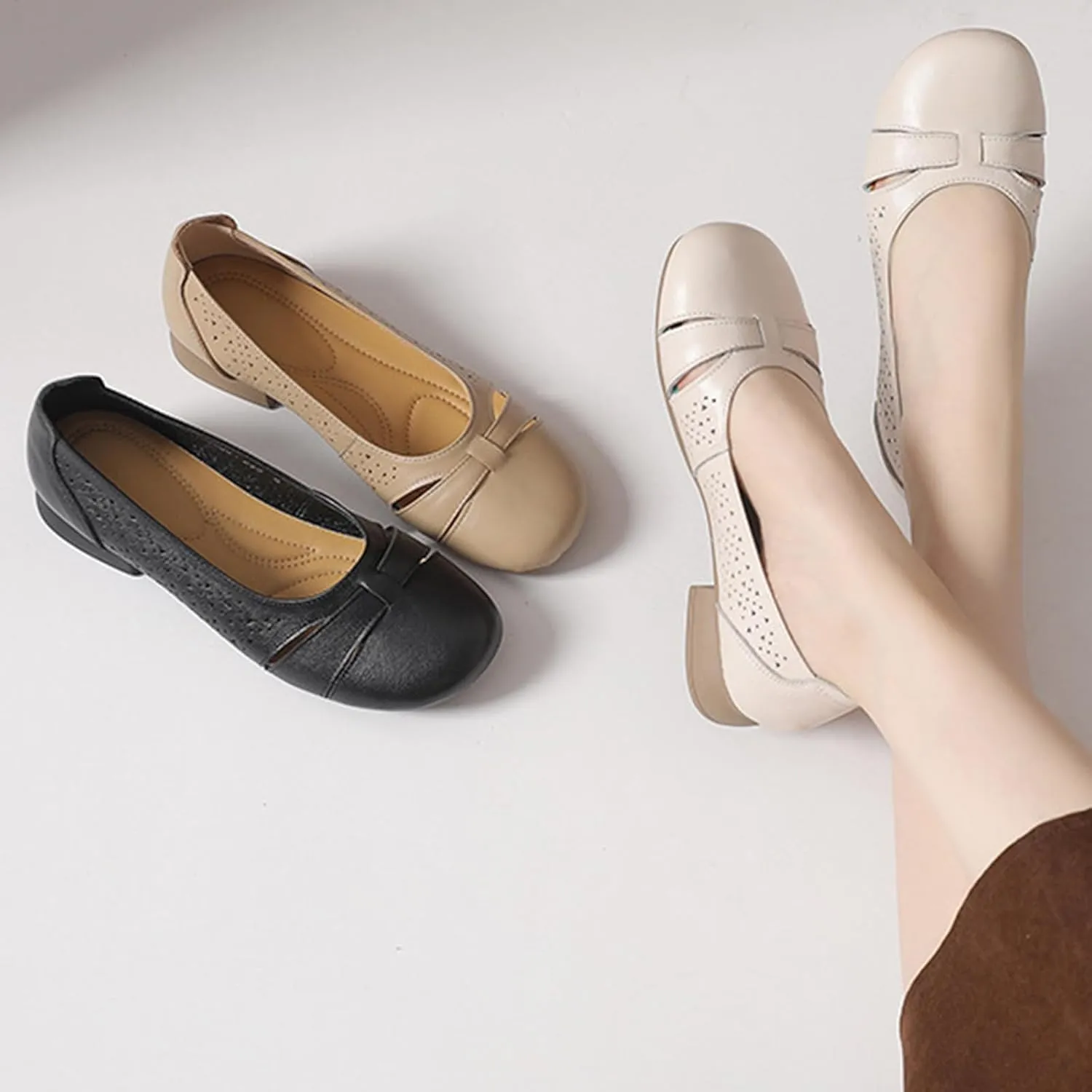 Women'S Hollow Leather Round Toe Soft Sole Loafers,Comfortable Non Slip Low Heel Casual Summer Shoes Slip Ons,Shallow Mouth Walking Driving Flats