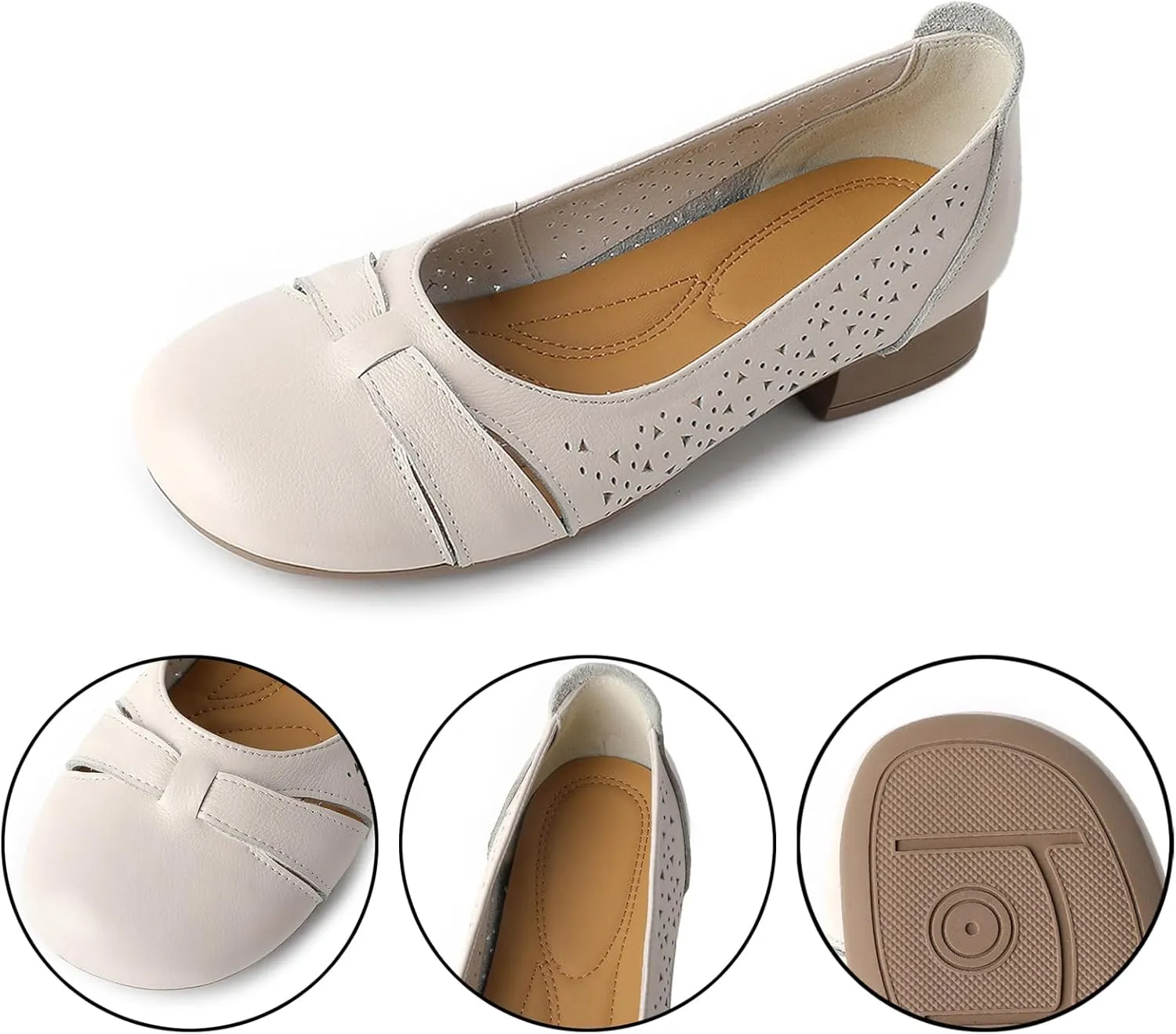 Women'S Hollow Leather Round Toe Soft Sole Loafers,Comfortable Non Slip Low Heel Casual Summer Shoes Slip Ons,Shallow Mouth Walking Driving Flats