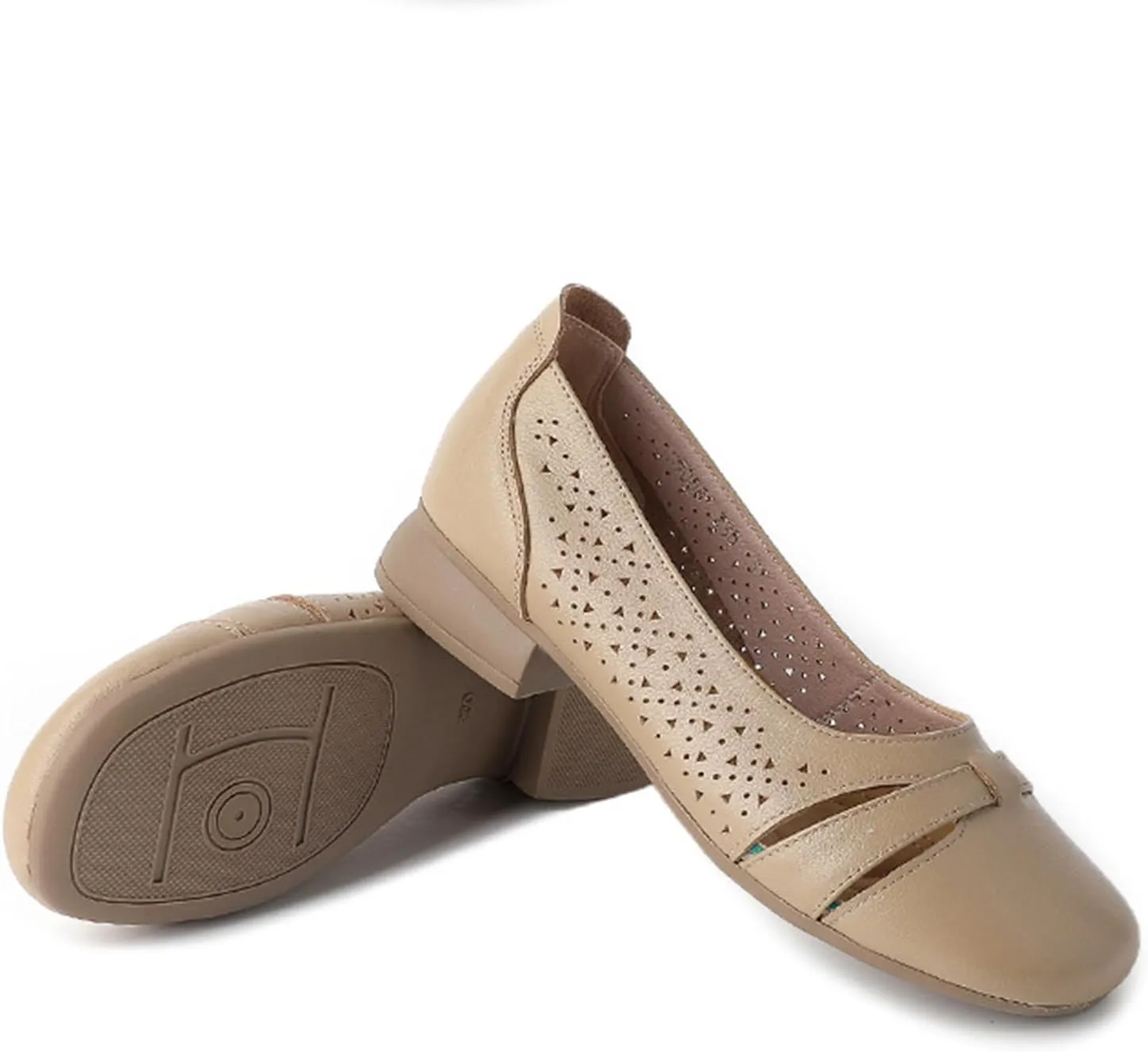 Women'S Hollow Leather Round Toe Soft Sole Loafers,Comfortable Non Slip Low Heel Casual Summer Shoes Slip Ons,Shallow Mouth Walking Driving Flats
