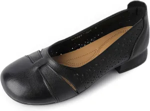 Women'S Hollow Leather Round Toe Soft Sole Loafers,Comfortable Non Slip Low Heel Casual Summer Shoes Slip Ons,Shallow Mouth Walking Driving Flats