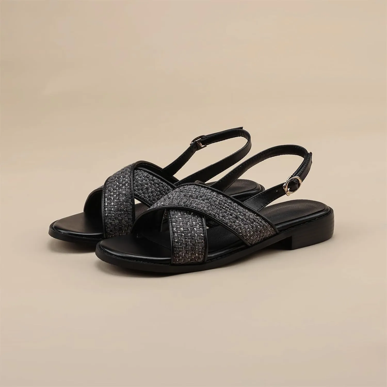 Women's Hollow Woven Fisherman Sandals Pull-On Summer Fashion Adjustable Buckle Slingback Cross Strap Rome Flats Comfortable Low Chunky Heel Casual Dress Shopping Daily Wear Shoes