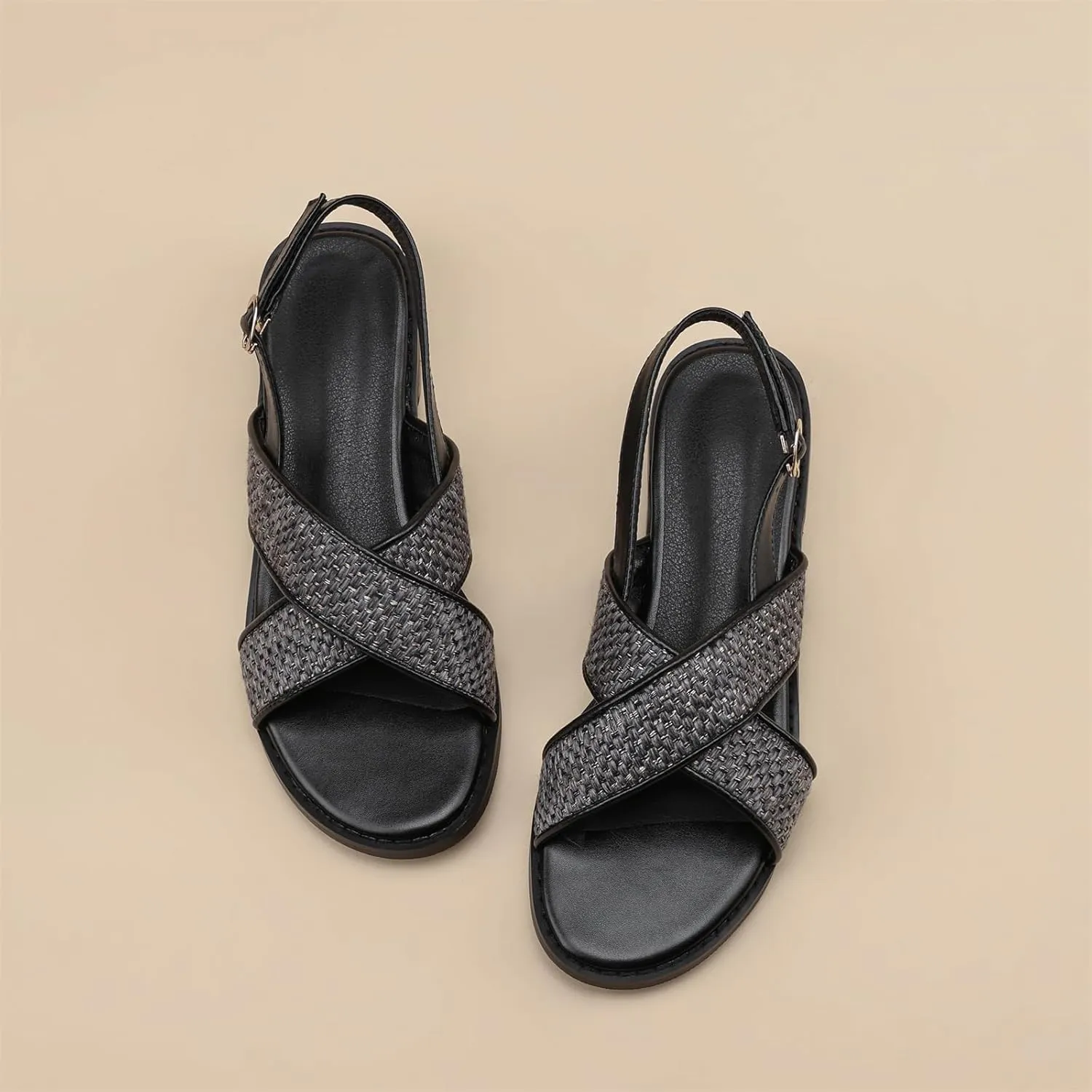 Women's Hollow Woven Fisherman Sandals Pull-On Summer Fashion Adjustable Buckle Slingback Cross Strap Rome Flats Comfortable Low Chunky Heel Casual Dress Shopping Daily Wear Shoes