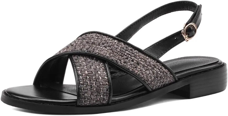 Women's Hollow Woven Fisherman Sandals Pull-On Summer Fashion Adjustable Buckle Slingback Cross Strap Rome Flats Comfortable Low Chunky Heel Casual Dress Shopping Daily Wear Shoes